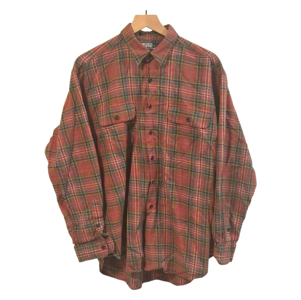Vintage Polo Ralph Lauren Benford Cotton Wool Red Plaid Button Down Shirt Large